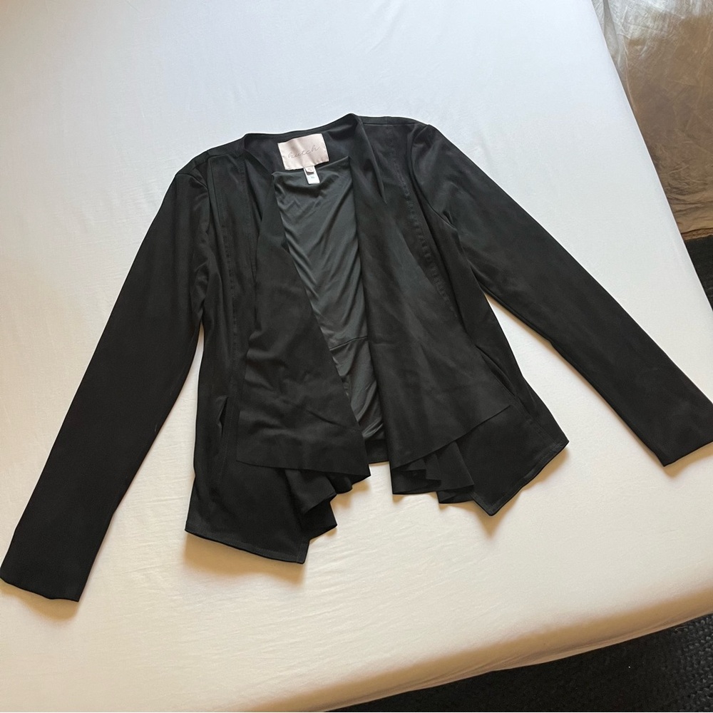 HUTCH Anthropologie black knit suede draped sharkbite hem buttonless blazer